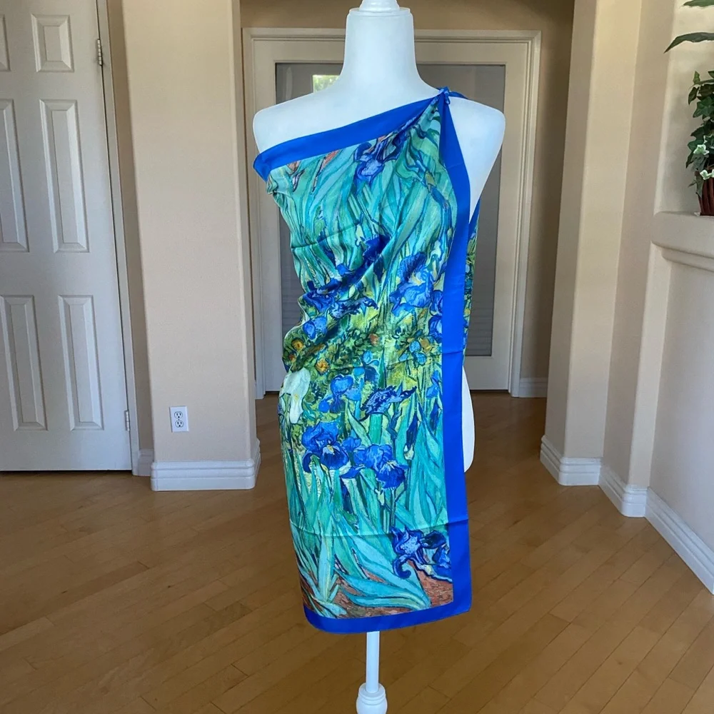 Vibrant Blue 100% Silk Floral Wrap Sarong Scarf Wall Art
